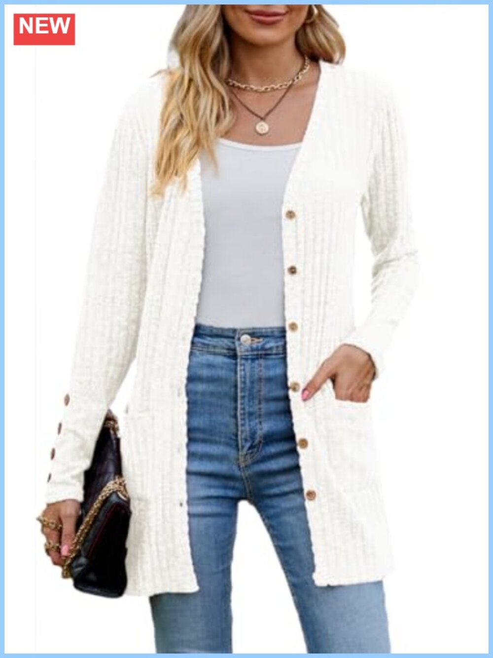 Womens Lightweight Open Front Cardigan Sweater Button V-Neck Long Sleeve Pockets